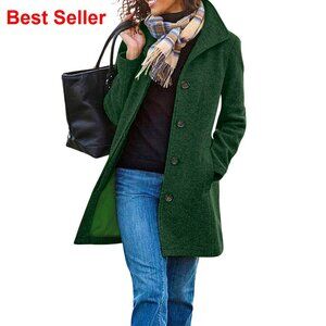 Women's Wool Blend Pea Coat Stand Collar Single Breasted Thigh Length